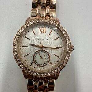 3/$30 Ellen Tracy Watch Women Rose Gold Crystal Bezel Round Dial 36MM